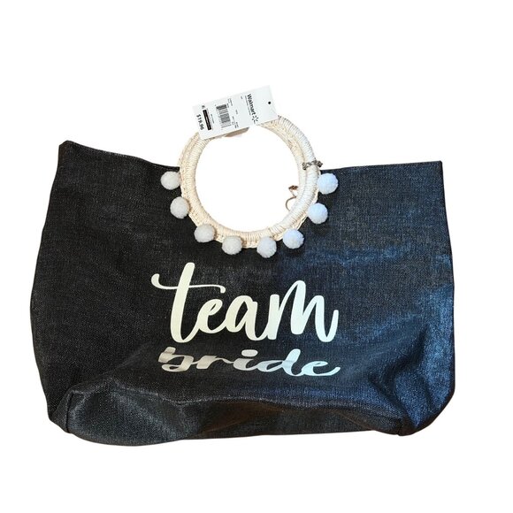 NWT Womens Team Bride Black & White Tote Bag Detachable Woven Ring Handles Pom - Picture 3 of 7